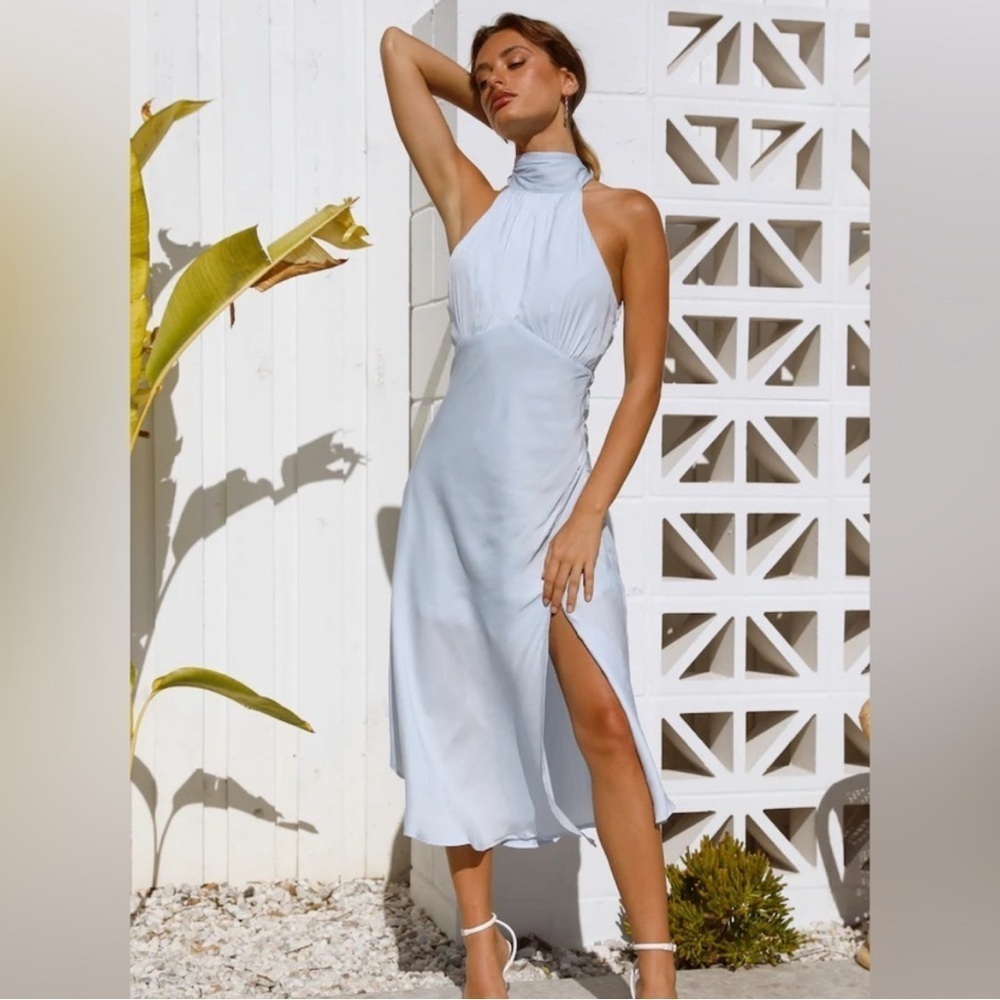 Hello Molly Elegant Halter Neck Light Blue Satin Dress
